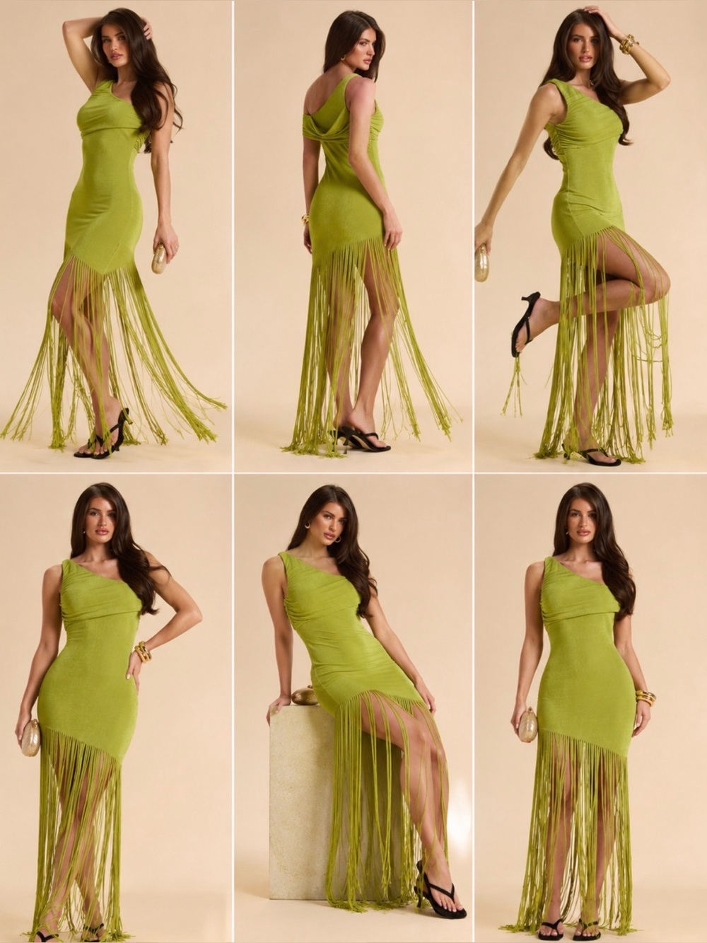 Olive Green Draped Fringe Maxi Dress Size S NWT - Picture 3 of 12